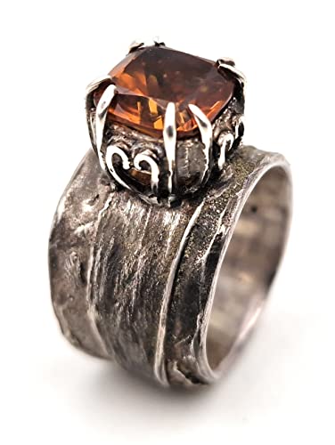 LeoLars-PABE Madeira Citrin Design Ring, Gr. 54-55, aus 925er Silber mit Bambus Struktur, teilgeschwärzt, massiv, Unikat, Handarbeit