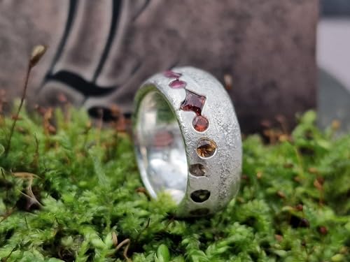 LeoLars-PABE Regenbogen farbener Sandguss design Ring, Gr.53-54 (17), aus 925er Silber mit eingegossenen echten bunten Edelsteinen, Unikat, Handarbeit