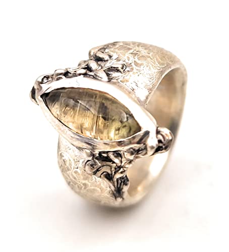 LeoLars-PABE Gelber Turmalin Design Ring aus 925er Silber, Gr. 54-55, massiv, verspielt, eismattiert, Silber Elemente, Unikat, Handarbeit