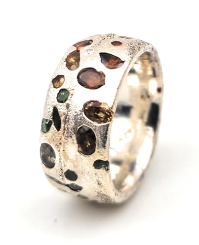 LeoLars-PABE Sandguss Design Ring, Gr.56 (17,8), aus 925er Silber mit echten eingegossenen verschiedensten Edelsteinen mit Farbverlauf, Nr.51, Unikat, Handarbeit