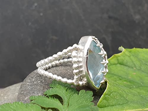 LeoLars-PABE Aquamarin Design Ring, Gr.58 (18,5), aus 925er Silber, Eisblume, Perldraht Ringschiene, Unikat, Handarbeit
