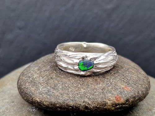 LeoLars-PABE Schwarzer Opal Design Ring, Gr.60 (19), aus 925er Silber im organisch natürlichem Design, Opal - grünes Opalfeuer, Unikat, Handarbeit