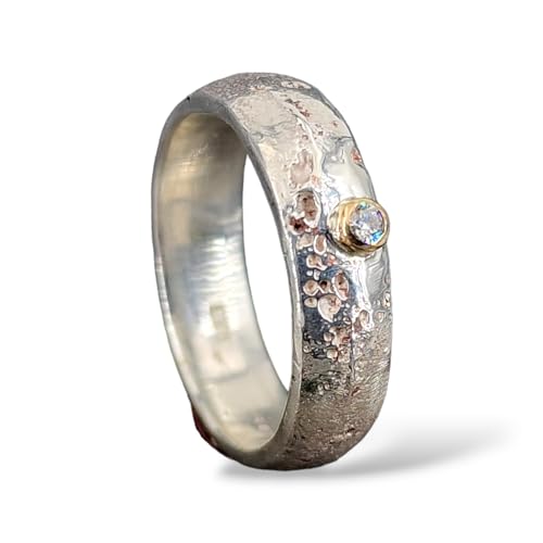LeoLars-PABE Sandguss Design Diamant Ring, Gr.62 (19,7), aus 925er Silber mit 585er Gelbgold Fassung, Sandguss typische Oberfläche, Unikat, Handarbeit