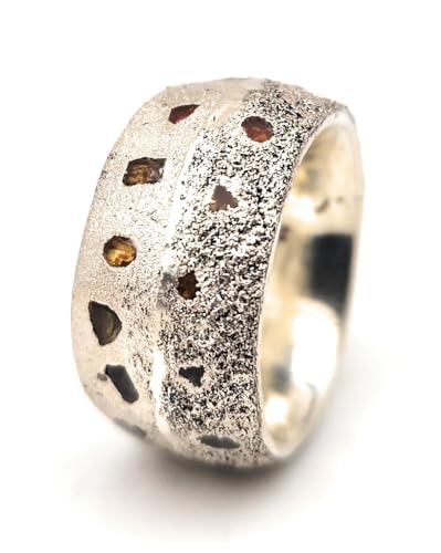LeoLars-PABE Massver Sandguss Design Ring, Gr.56 (17,8), mit verschieden farbigen eingegossenen Saphiren aus 925er Silber, Sandguss Oberfläche, Nr.61, Unikat, Handarbeit
