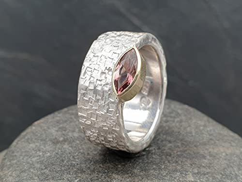 LeoLars-PABE Rosa Turmalin Ring, Gr.54, aus 925er Silber mit 585er Goldfassung, Structure Design, Unikat, Handarbeit
