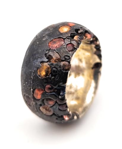 LeoLars-PABE 925er Silber Ring im Sandguss Design, Gr. 56 (17,8), im Vulkan Design mit eingegossenen verschieden farbigen hochwertigen Saphiren, Unikat, Handarbeit