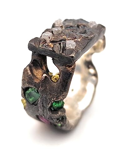 LeoLars-PABE Sandguss Design Ring Vulkan, Gr.58, aus 925er Silber geschwärzt mit eingegossenen Edelsteinen und einer Platte mit Rohdiamant Würfeln, Unikat, Handarbeit