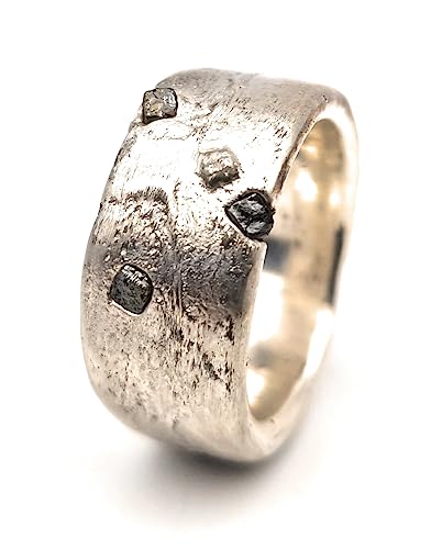 LeoLars-PABE Sandguss Design Ring, Gr.61, aus 925er Silber mit vier eingegossenen Rohdiamant Würfeln, massiv, Unikat, Handarbeit