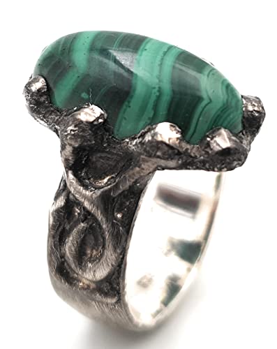 LeoLars-PABE Malachit Design Ring aus 925er Silber, Gr.58, grob gearbeitet, gebürstet, teilgeschwärzt, Unikat, Handarbeit