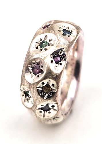 LeoLars-PABE Blüten Design Ring, Gr.56, aus 925er Silber, massiv, mit Citrin, Amethyst, Rubin, Tsavorit, Saphir und Blautopas als Blüten, Unikat, Handarbeit