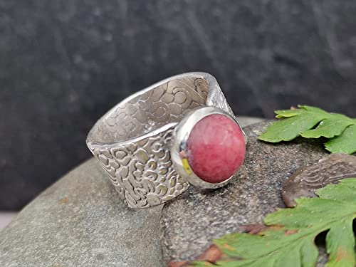 LeoLars-PABE Rhodochrosit Ring aus 925er Silber, Gr.57 (18,2), floral, blumig geprägte Ringschiene, Unikat, Handarbeit
