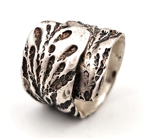 LeoLars-PABE 925er Silber Design Ring, Gr.60, Stil der Oberfläche Konifere, teilgeschwärzt, überlappende Ringschiene, Unikat, Handarbeit