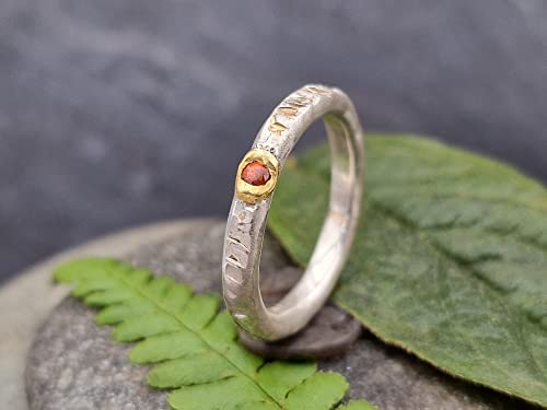LeoLars-PABE Saphir Design Ring, Gr.57 (18.7), aus 925er Silber mit Feingold Fassung, gehämmert, oranger Saphir, Unikat, Handarbeit