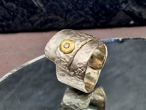 LeoLars-PABE Breiter Wickel Design Ring mit 3mm cognacfarbenem Brilliant, aus 925er Silber mit 585er Goldfassung, Gr.60/61, Unikat, Handarbeit