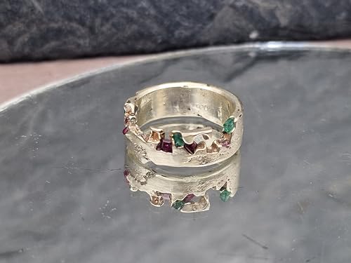 LeoLars-PABE Sandguss Design Ring, Gr. 55, mit Saphir, Rubin udn Smaragd, eingegossen, aus 925er Silber, modern, stylisch, Unikat, Handarbeit