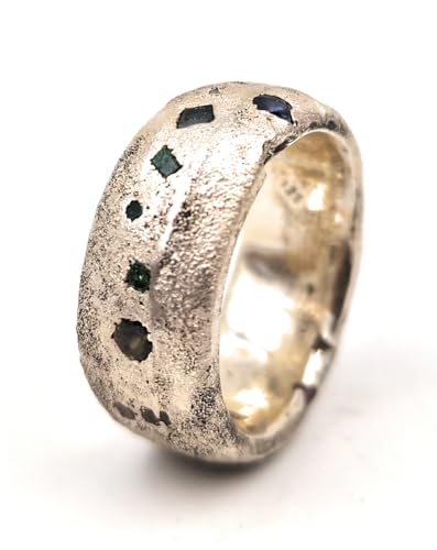 LeoLars-PABE Design Sandguss Ring, Gr.62-63 (19,8), aus 925er Silber mit verschiedenen eingegossenen Edeksteinen, Unikat, Handarbeit