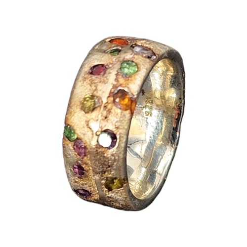 LeoLars-PABE Bunter Sandguss Design Ring, Gr. 53 (16,8), aus 925er Silber mit eingegossenen Edelsteinen, zart teilvergoldet, Sandguss Oberfläche, Unikat, Handarbeit