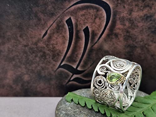 LeoLars-PABE 925er Silber Design Filigree Ring, Alpha-Omega, Gr. 59.5 (19), mit Peridot Tropfen in 585er Goldfassung, Unikat, Handarbeit