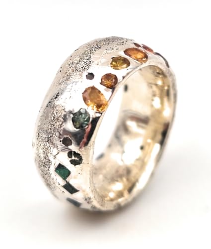 LeoLars-PABE Sandguss Design regenbogen Ring, Gr. 62-63 (19,9), mit eingegossenen echten bunten Edelsteinen aus 925er Silber, Handarbeit, Unikat