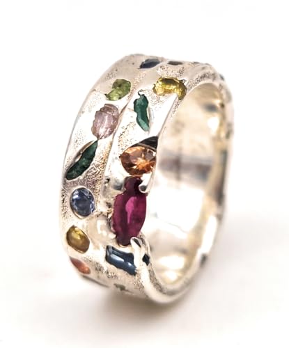 LeoLars-PABE Bunter Design Sandguss Ring, Gr.56 (17,8), aus 925er Silber mit echten bunten eingegossenen Edelsteinen, Unikat, Handarbeit