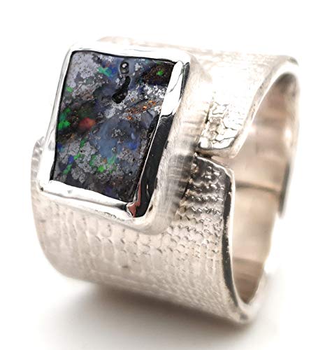 LeoLars-PABE Boulder Opal Design Herren Ring aus 925er Silber, Gr.65, Schlangenhaut Muster, Massiv, Unikat, Handarbeit