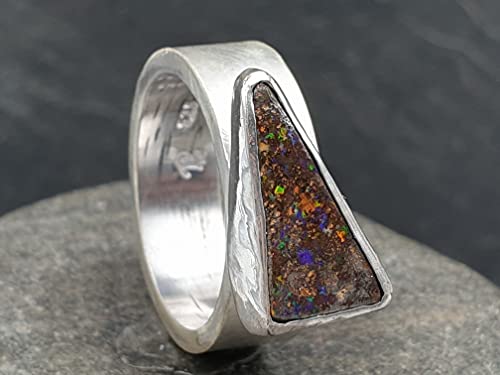 LeoLars-PABE Boulder Opal Ring aus 925er Silber, Gr.52, Massiv, Seidenmatt, Opal 14.5x8mm, Unikat, Handarbeit