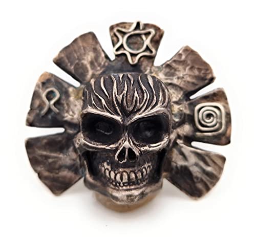 LeoLars-PABE Skull Anhänger im Azteken Design aus 925er Silber, Massiv 55g, Handgeschnitzt, teilgeschwärzt, Unikat, Handarbeit