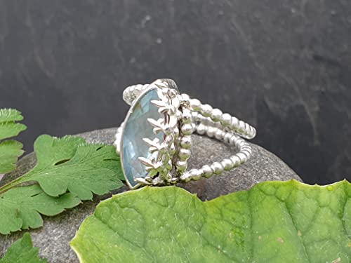 LeoLars-PABE Aquamarin Design Ring, Gr.58 (18,5), aus 925er Silber, Eisblume, Perldraht Ringschiene, Unikat, Handarbeit