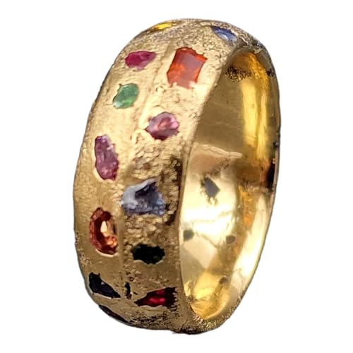 LeoLars-PABE Hochwertiger Sandguss Design Ring, Gr. 56 (17,8), aus 585er Gelbgold mit echten verschiedenen eingegossenen Edelsteinen, massiv, Nr.64, Unikat, Handarbeit