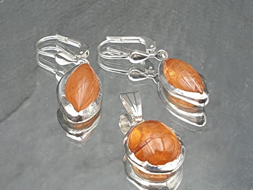LeoLars-PABE Mandarin Granat Set, Anhänger - Ohrhänger aus 925er Silber, Satte Farbe, Brisuren, Unikat, Handarbeit