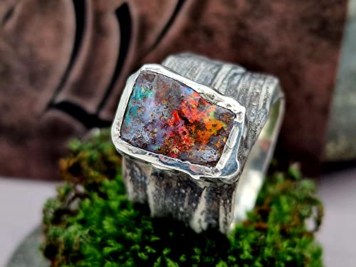 LeoLars-PABE Großer Multicolor Boulder Opal Ring, Gr.61, 925er Silber, Bambus Design, mit vielen roten Opalfeuer, teilgeschwärzt, massiv, Unikat, Handarbeit