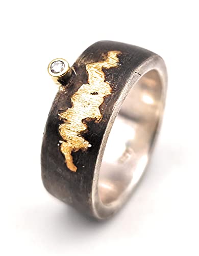 LeoLars-PABE Diamant Design Ring, Gr.62, aus 925er Silber mit Goldfassung und Goldakzenten, geschwärzt, starker Kontrast, massiv, Unikat, Handarbeit