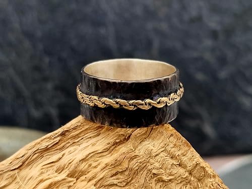 LeoLars-PABE Herren Bicolor Design Ring, Gr.69, aus 925er Silber mit montierter 585er Gelbgold Kette, geschwärzt, mystisch, magisch, Unikat, Handarbeit