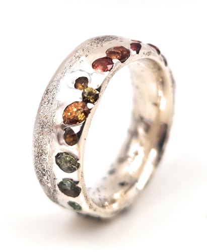 LeoLars-PABE Sandguss Design Regenbogen Ring. Gr. 66-67 (21), mit verschieden farbigen echten eingegossenen Edelsteinen aus 925er Silber, Unikat, Handarbeit