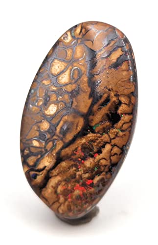 LeoLars-PABE Boulder Opal Anhänger gebohrt mit 60 cm Lederband, tolles Muster, grün-rotes Opalfeuer, Opal 33.6 x 19.9 x 11mm, Unikat, Handgeschliffen