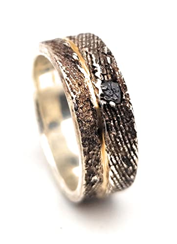 LeoLars-PABE Design Ring mit Rohdiamant Würfel aus 925er Silber und Feingoldband, Gr.55, Sepiaguss Oberfläche, Unikat, Handarbeit