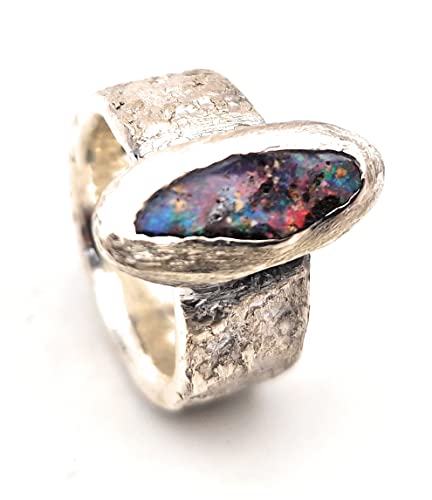 LeoLars-PABE Boulder Opal Structure Design Ring, Gr.52, aus 925er Silber mit Stein Struktur, Opal mehrfarbig 14.5x6.5mm, Unikat, Handarbeit