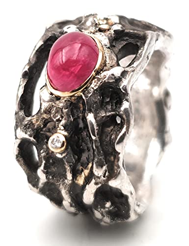 LeoLars-PABE Organic Design Rubin Ring, Gr.53-54, mit Brilliant aus 925er Silber mit Goldakzenten und Fassung, Unikat, Handarbeit