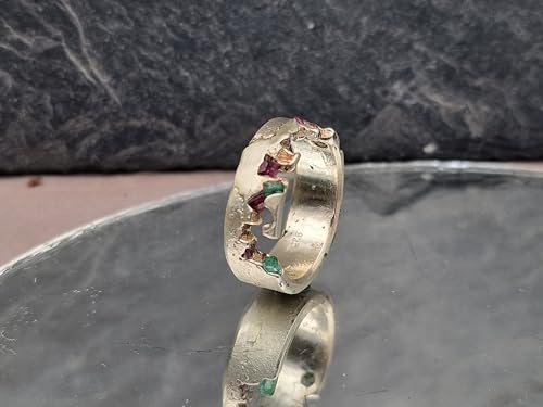 LeoLars-PABE Sandguss Design Ring, Gr. 55, mit Saphir, Rubin udn Smaragd, eingegossen, aus 925er Silber, modern, stylisch, Unikat, Handarbeit