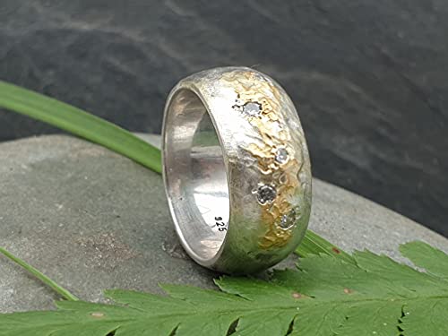 LeoLars-PABE Design Ring aus 925er Silber mit Feingoldeinlage und 5 Diamanten, Gr.55, Structure Design, Unikat, Handarbeit