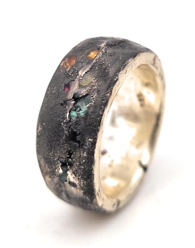 LeoLars-PABE Massiver Sandguss Design Ring, Gr. 60-61, aus 925er Silber mit verschieden farbigen direkt eingegossenen Saphiren, geschwärzt, Unikat, Handarbeit