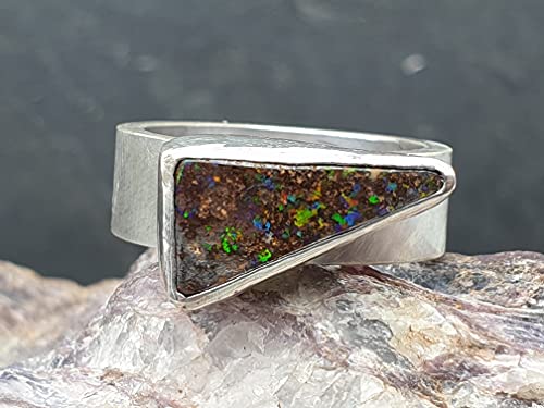 LeoLars-PABE Boulder Opal Ring aus 925er Silber, Gr.52, Massiv, Seidenmatt, Opal 14.5x8mm, Unikat, Handarbeit