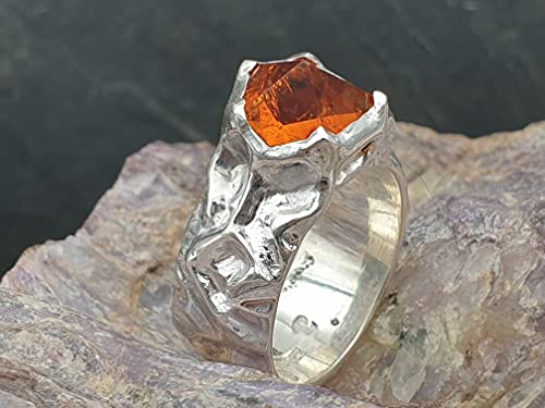 LeoLars-PABE Citrin Design Ring aus 925er Silber, Gr.58, Sonderschliff, Organisch, Hammerschlag, Unikat, Handarbeit