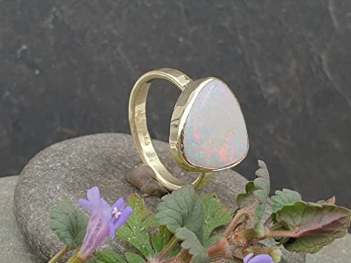 LeoLars-PABE Weißer Opal Ring, Gr58 (18,5) aus 585er Gold, Lightning Ridge, Multicolor, 4,54ct., gehämmert, Unikat, Handarbeit