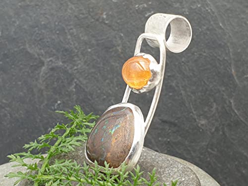 LeoLars-PABE Boulder Opal, Mandarin Granat Anhänger aus 925er Silber, Röhrchen mit Muster, Unikat, Handarbeit