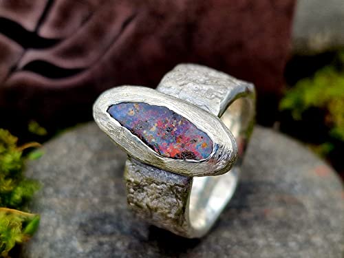 LeoLars-PABE Boulder Opal Structure Design Ring, Gr.52, aus 925er Silber mit Stein Struktur, Opal mehrfarbig 14.5x6.5mm, Unikat, Handarbeit