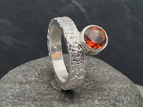 LeoLars-PABE Madeira Citrin Ring aus 925er Silber, Gr.58, Structure Design kleine Quadrate, Unikat, Handarbeit