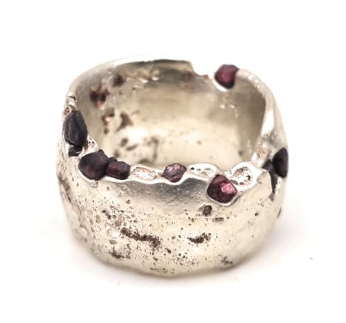 LeoLars-PABE Sandguss Design Ring, Gr. 55-56, aus 925er Silber mit eingegossenen Spinellen, sehr massiv, Vulkan Design, Unikat, Handarbeit