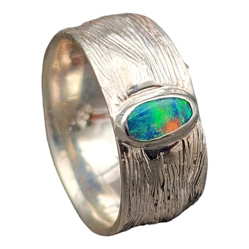 LeoLars-PABE Lightning Ridge Opal Design Ring, Gr.56 (17,8), aus 925er Silber mit Blatt Struktur, Opal Multicolor Opalfeuer 6,7 x 3,6mm, Unikat, Handarbeit