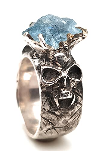 LeoLars-PABE Design Herren Ring mit Aquamarin Rohkristall aus 925er Silber, Gr.64, Totenköpfe, Unikat, Handarbeit